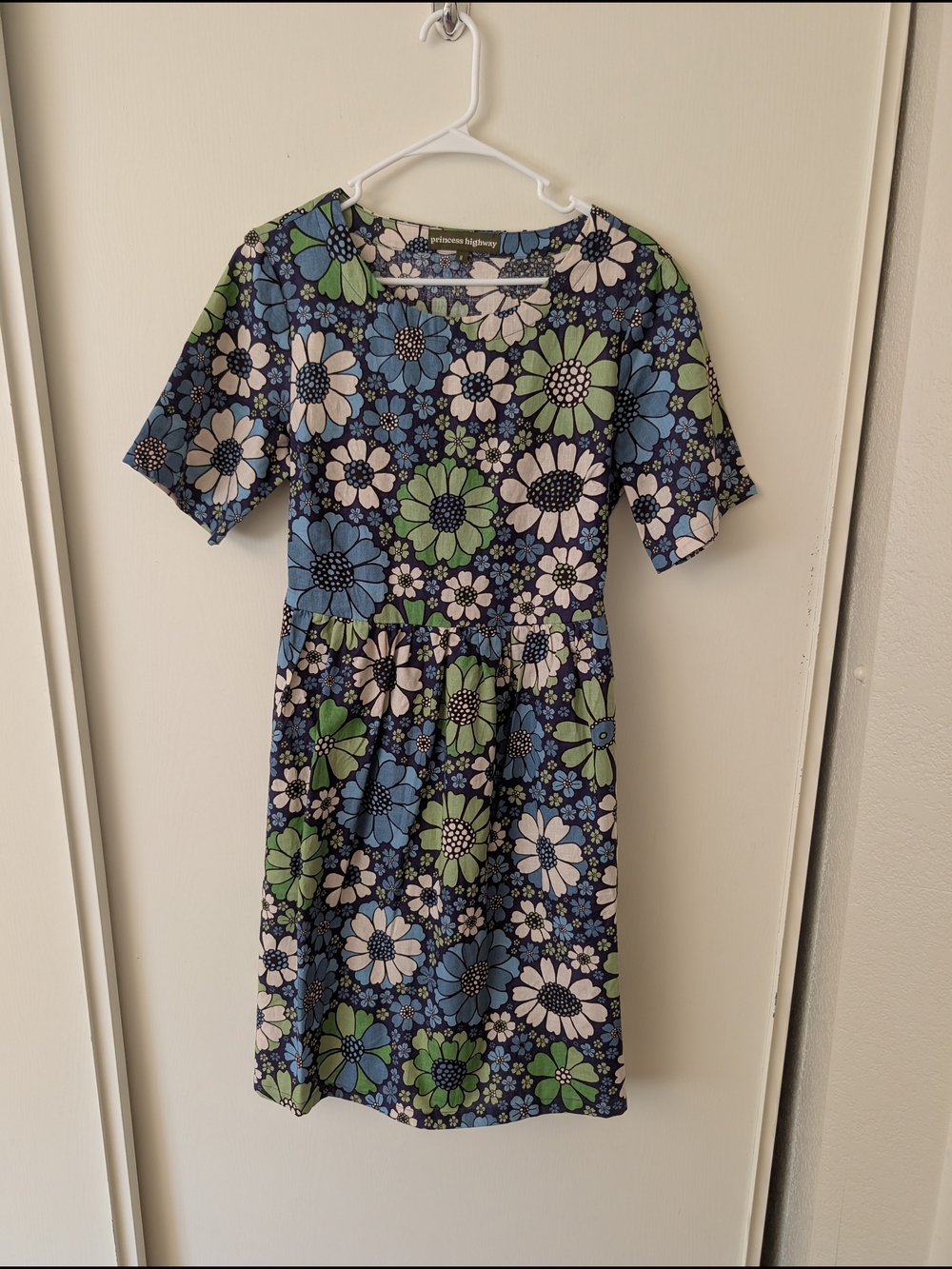 Princess Highway Women 8 Marigold Smock Dress Blue Green Linen Blend Cottagecore